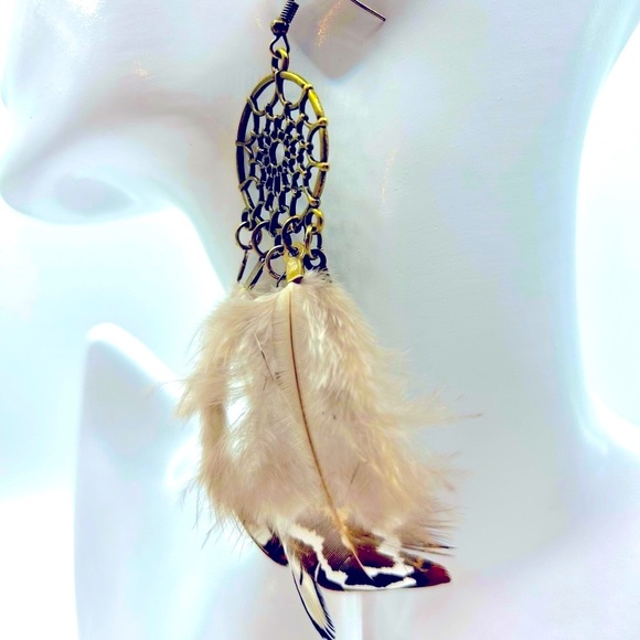 Handmade Antique Bronze Natural Feather Dream Catcher Earrings! - Picture 3 of 5